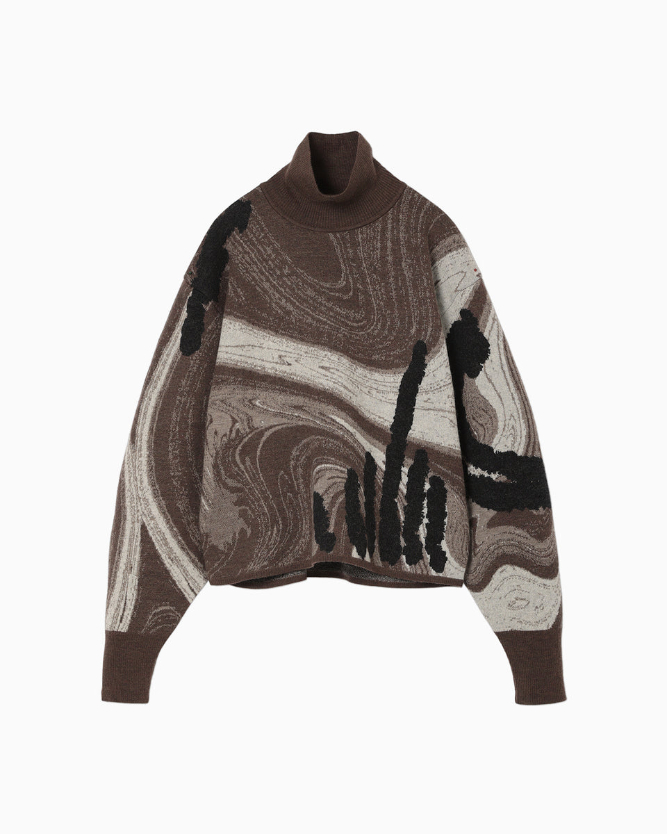 Marble Pattern High Neck Knitted Top - brown - Mame Kurogouchi