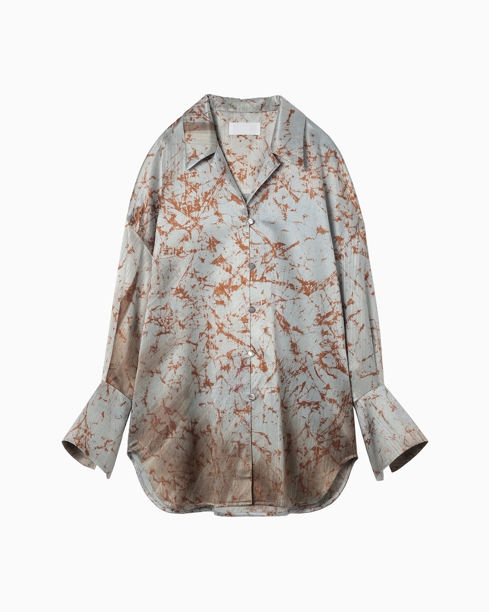 Silk Wool Satin Hand Painted Oversized Shirt - blue - Mame Kurogouchi