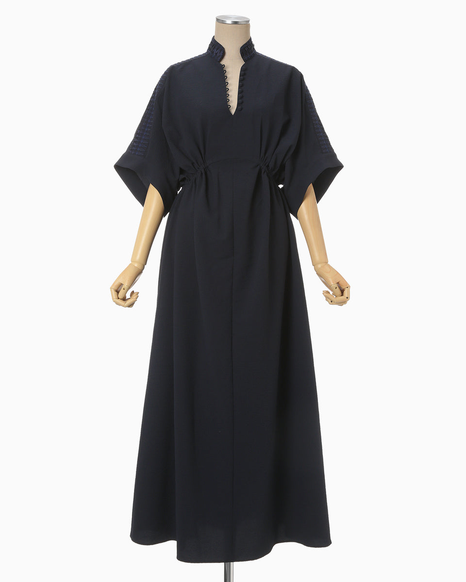 Embroidered Sheer Sucker Dress - navy - Mame Kurogouchi