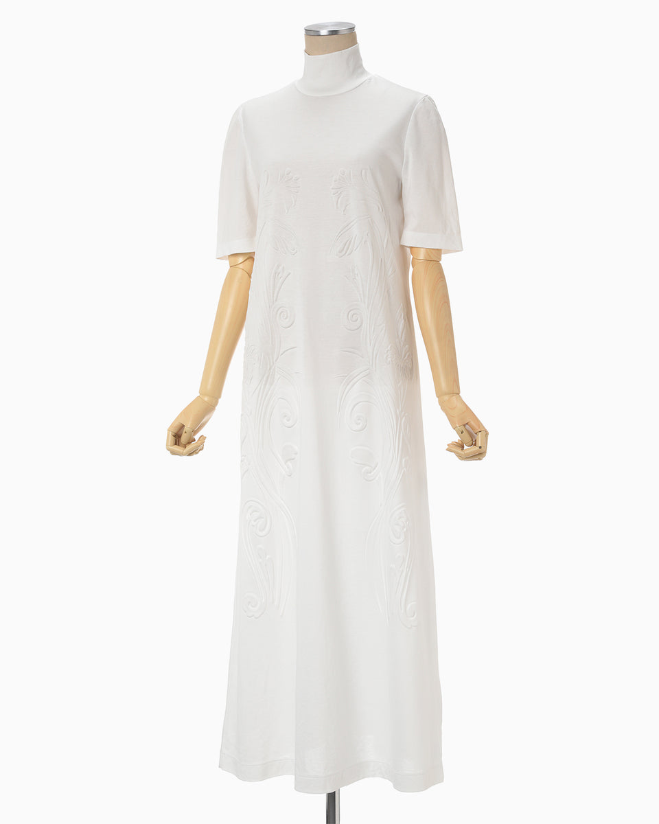 Floral Embossed Cotton Jersey A-Line Dress - white - Mame Kurogouchi