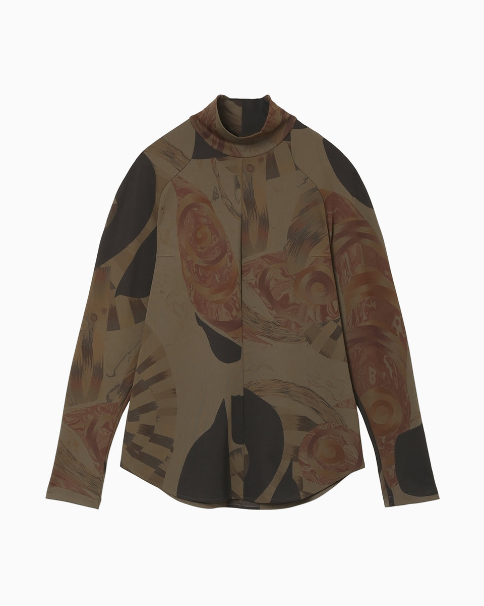 Marble Print High Neck Jersey Top - khaki - Mame Kurogouchi