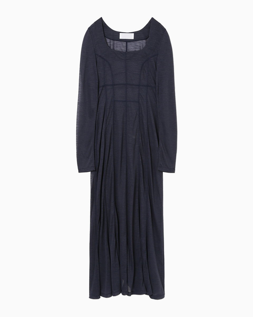 Hybrid Yarn Wool Jersey Square Neck Dress - navy - Mame Kurogouchi