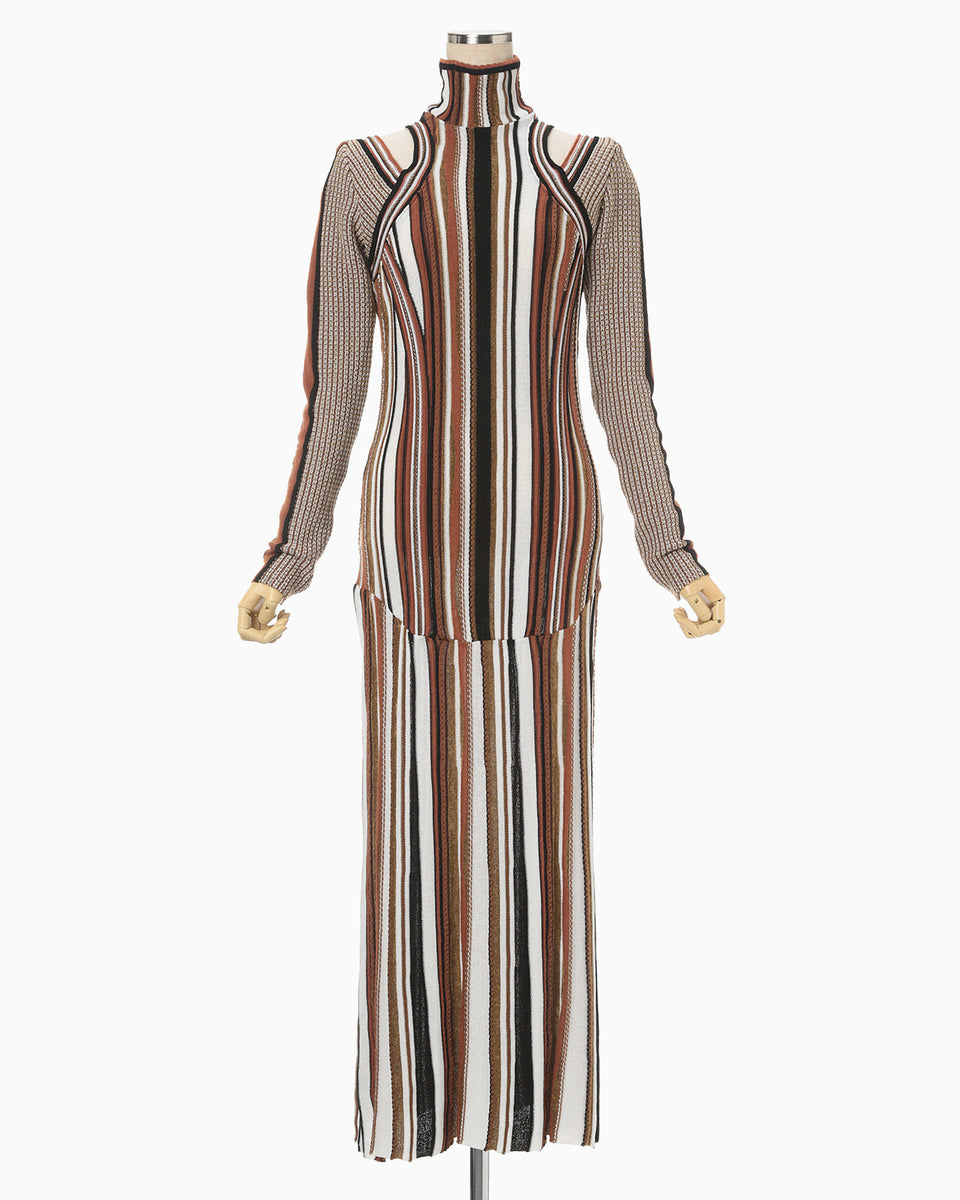 Stripe Jacquard High Neck Knitted Dress - brown - Mame Kurogouchi