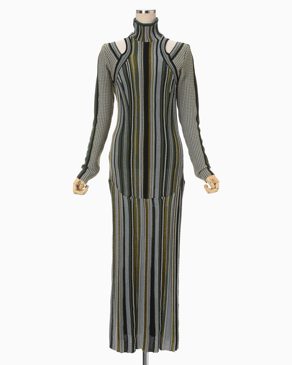 Stripe Jacquard High Neck Knitted Dress - khaki - Mame Kurogouchi