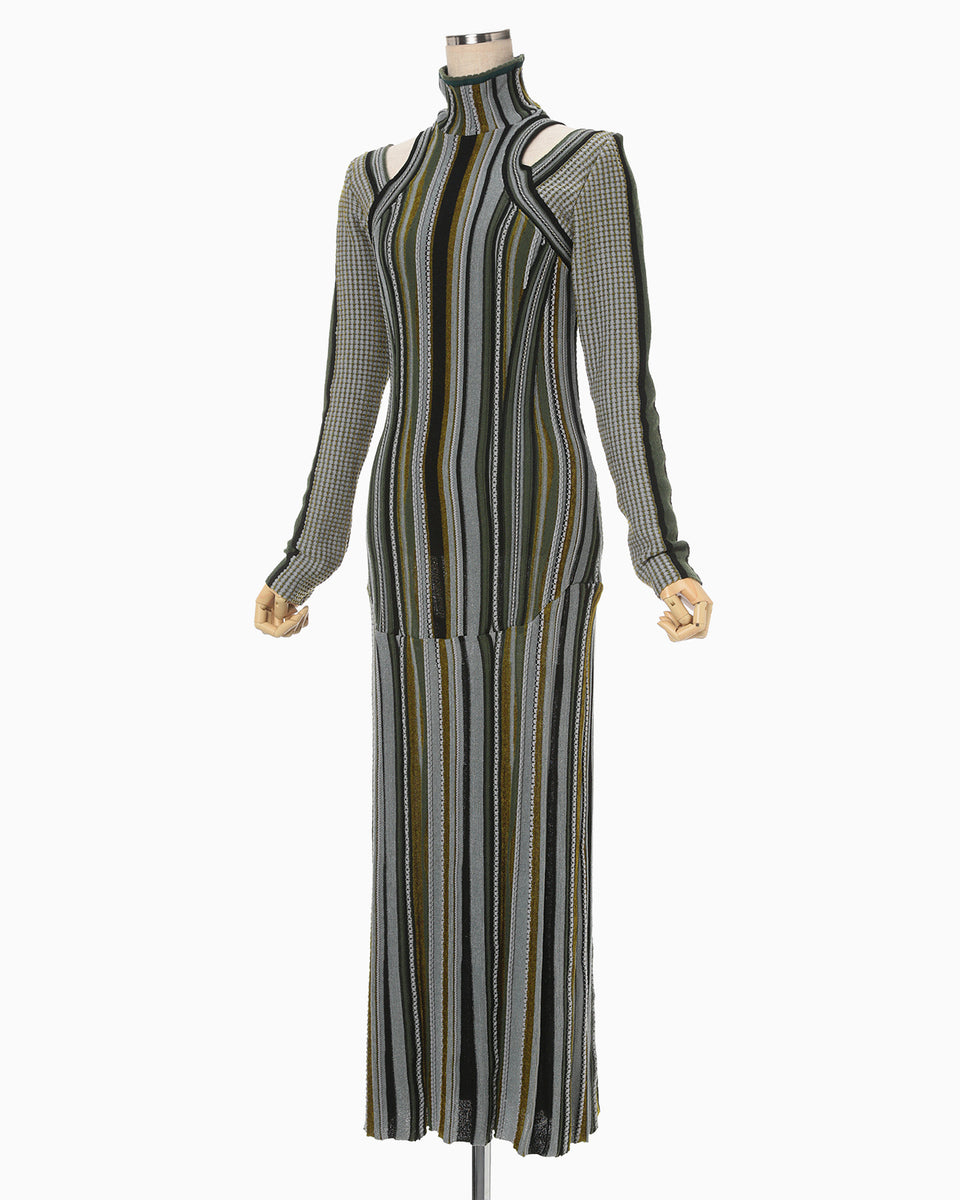 Stripe Jacquard High Neck Knitted Dress - khaki - Mame Kurogouchi