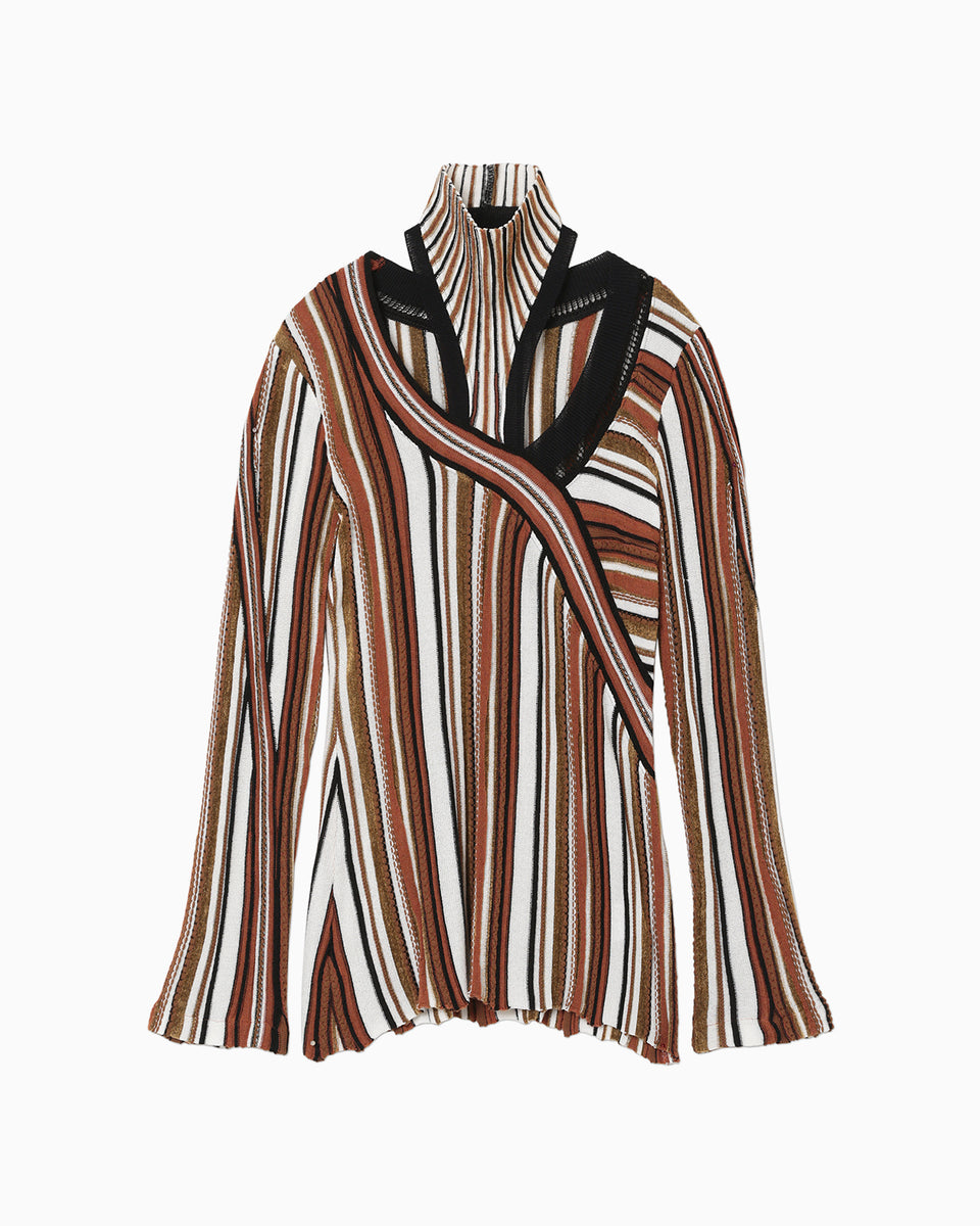 Stripe Jacquard High Neck Knitted Top - brown - Mame Kurogouchi