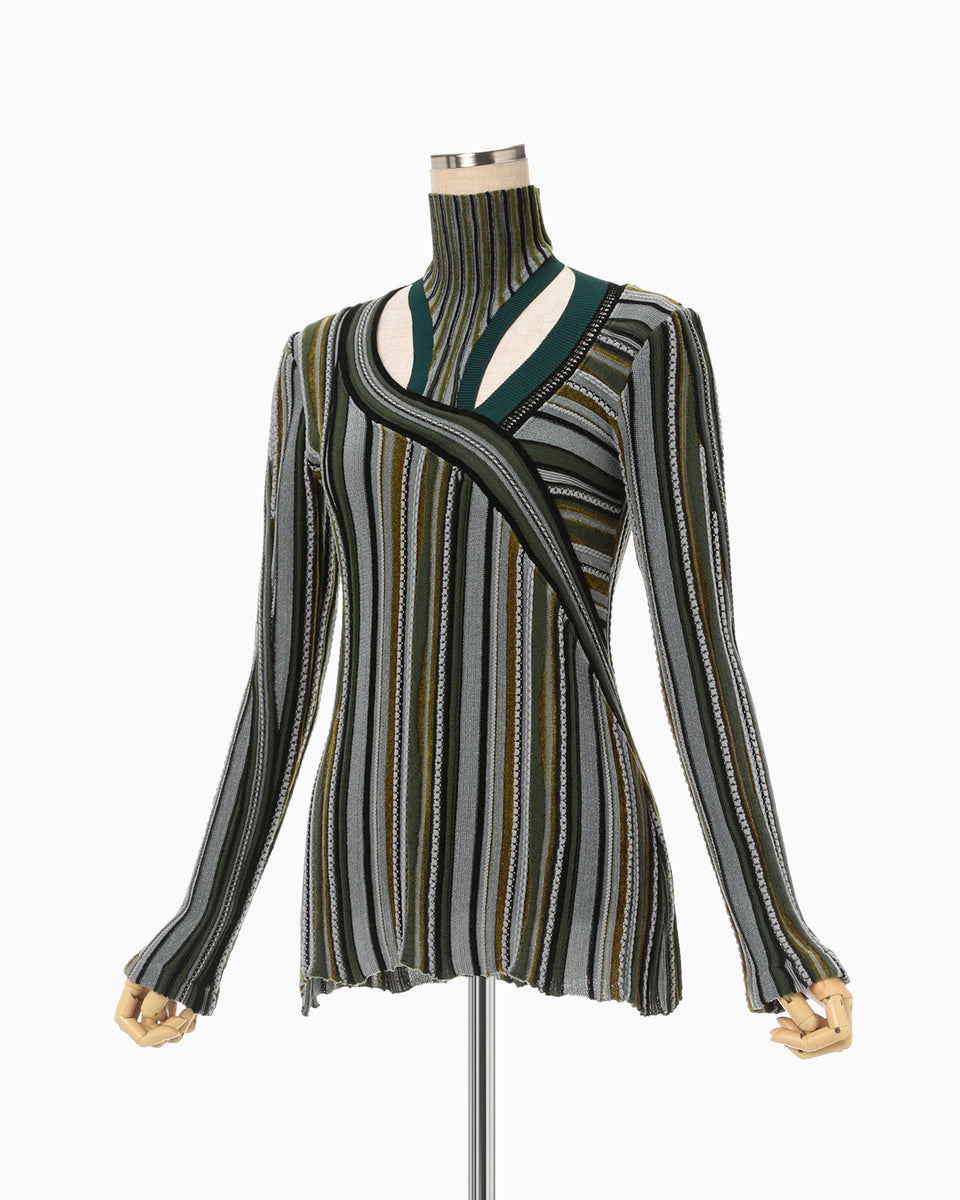 Stripe Jacquard High Neck Knitted Top - khaki - Mame Kurogouchi