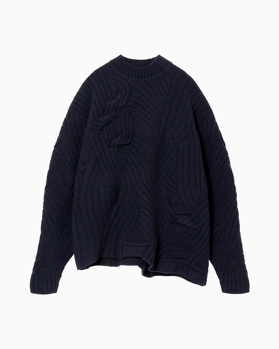 Basket Motif Cable Stitch Knitted Pullover - navy - Mame Kurogouchi