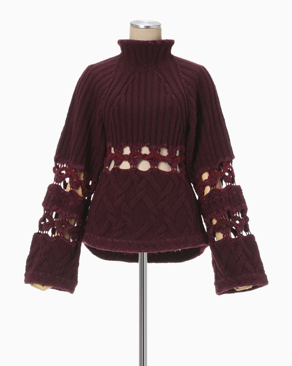 Basket Pattern Combination Knitted Pullover - bordeaux - Mame