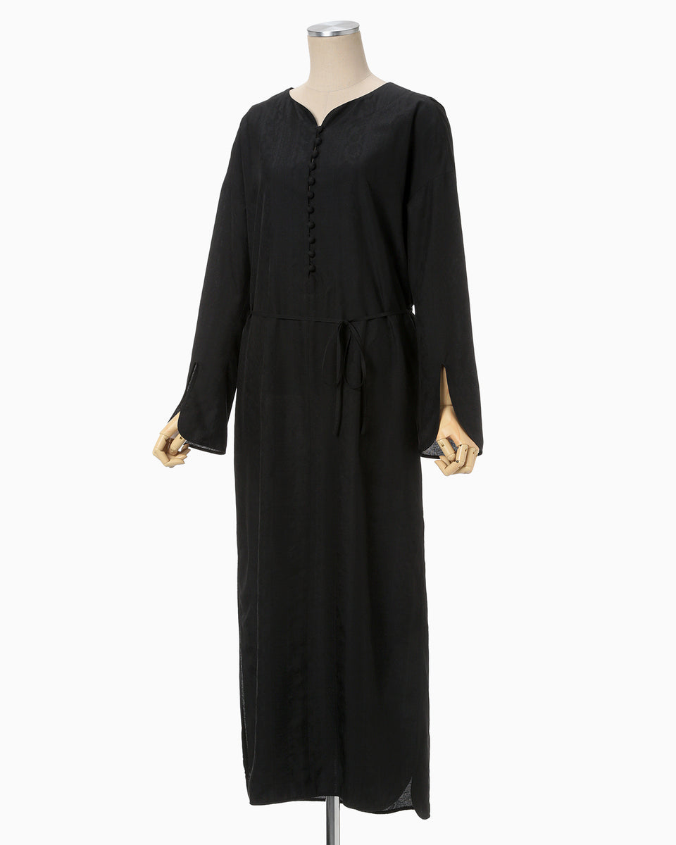 Floral Pattern Silk Rayon Jacquard I-Line Dress - black - Mame 