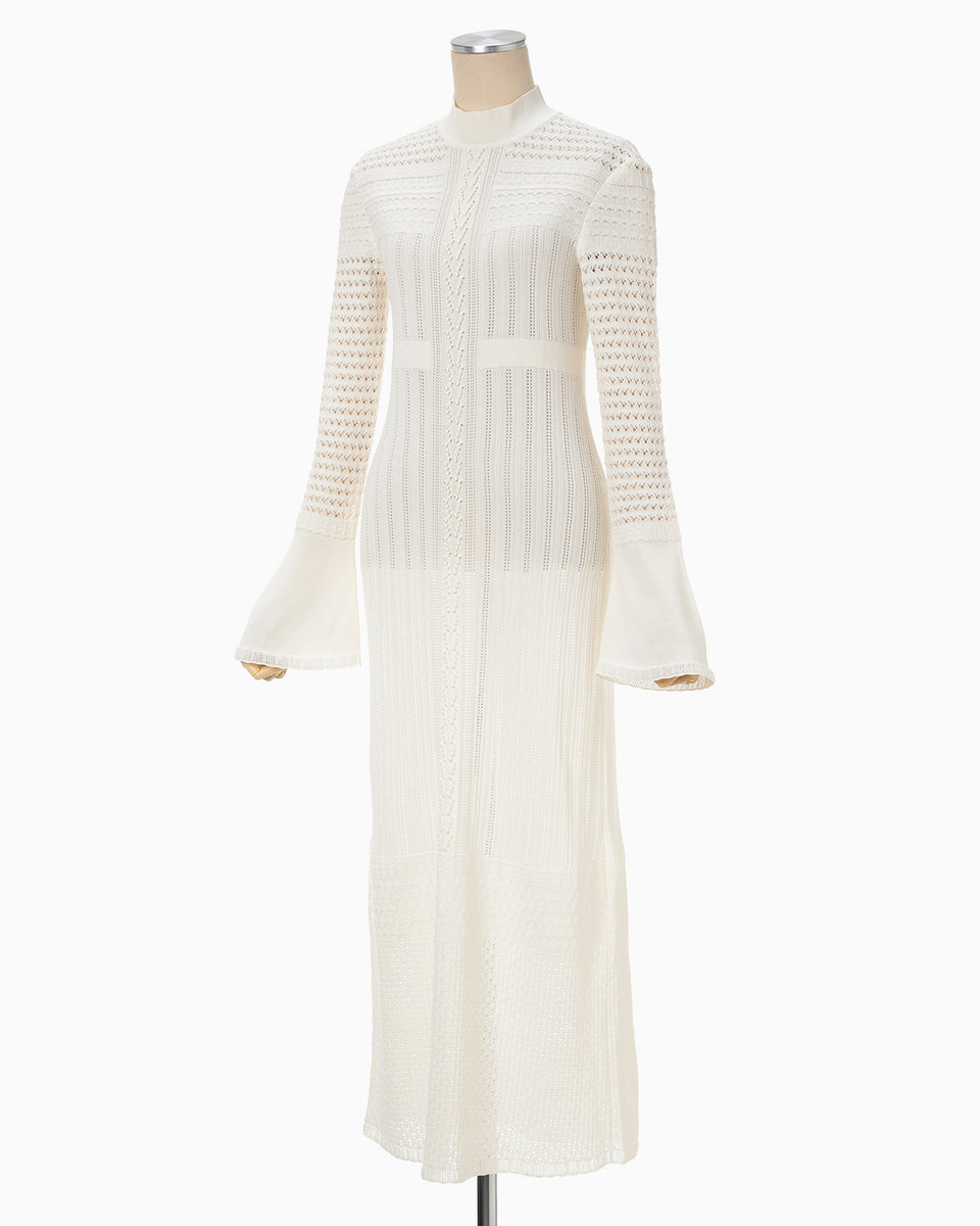 Lace Stripe Knitted Dress - white - Mame Kurogouchi