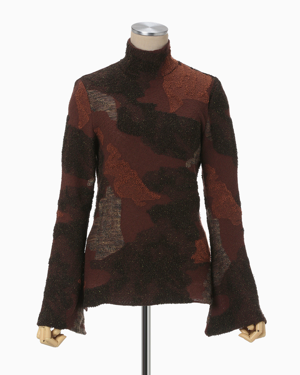 Pile Jacquard Knitted High Neck Top - brown - Mame Kurogouchi