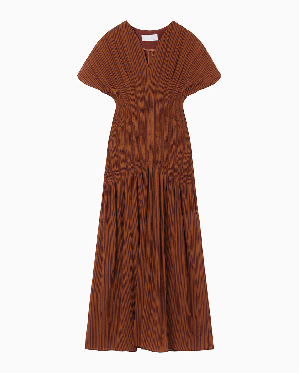 Stripe Shirring Jacquard Dress - brown - Mame Kurogouchi