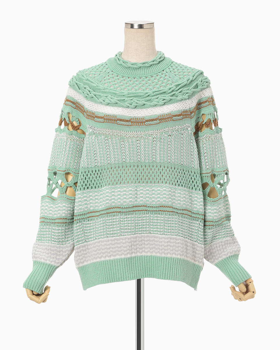 Bamboo Basket Pattern Knitted Top - mint green - Mame Kurogouchi