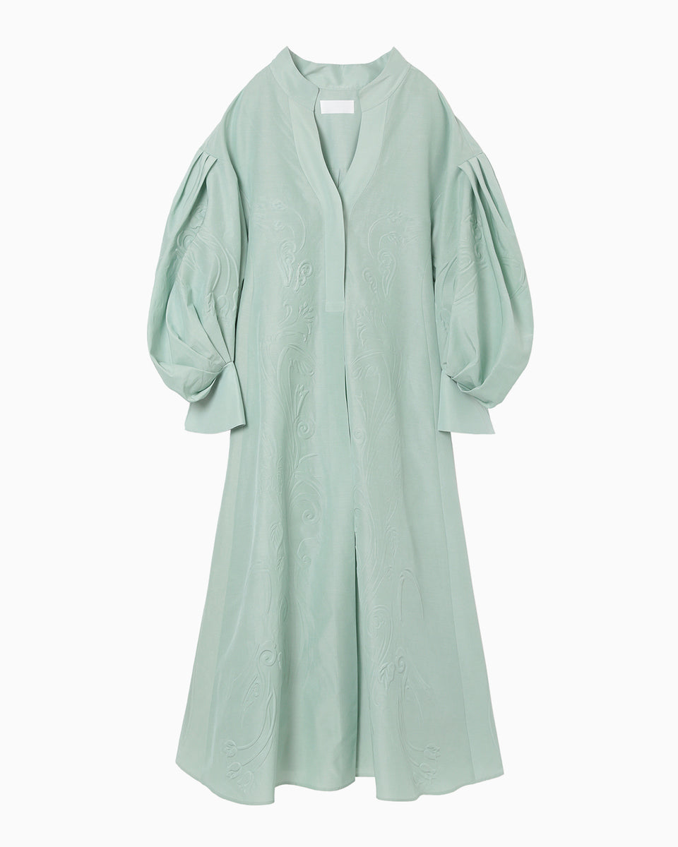 Floral Embossed Cotton Silk Shirt Dress - mint green - Mame 