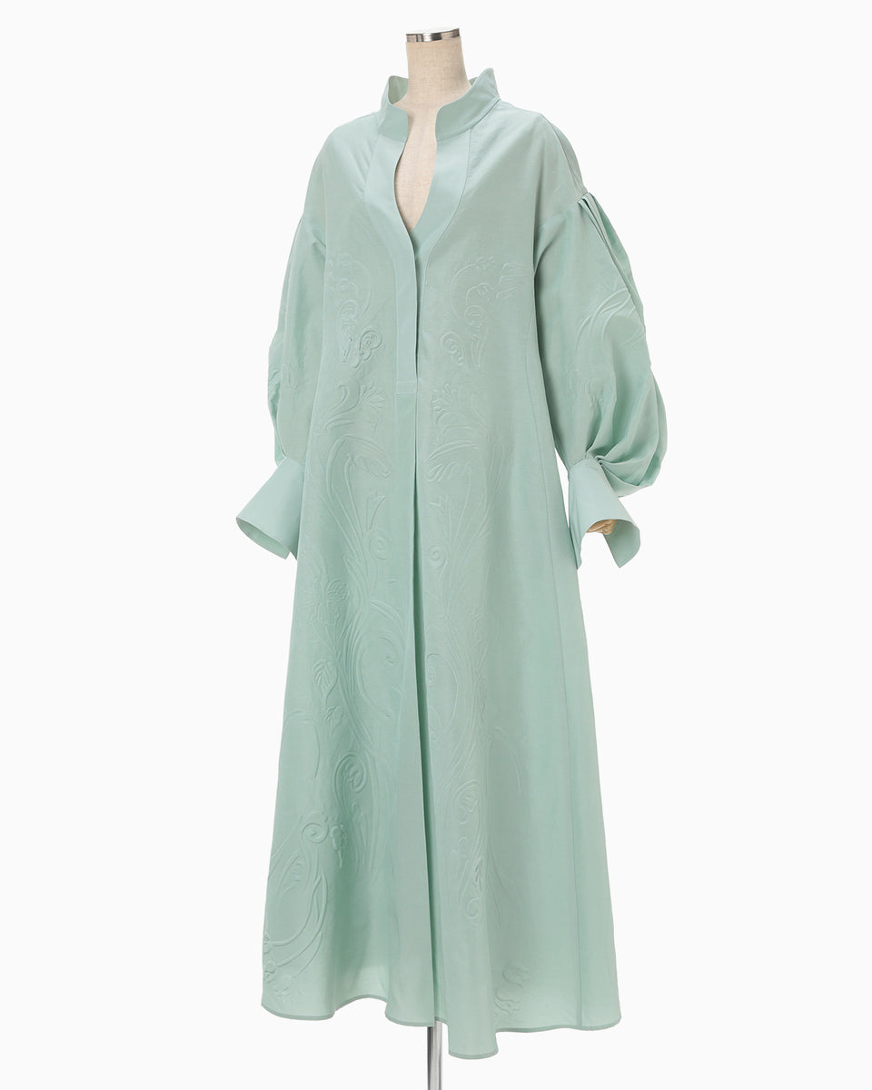 Floral Embossed Cotton Silk Shirt Dress - mint green - Mame Kurogouchi