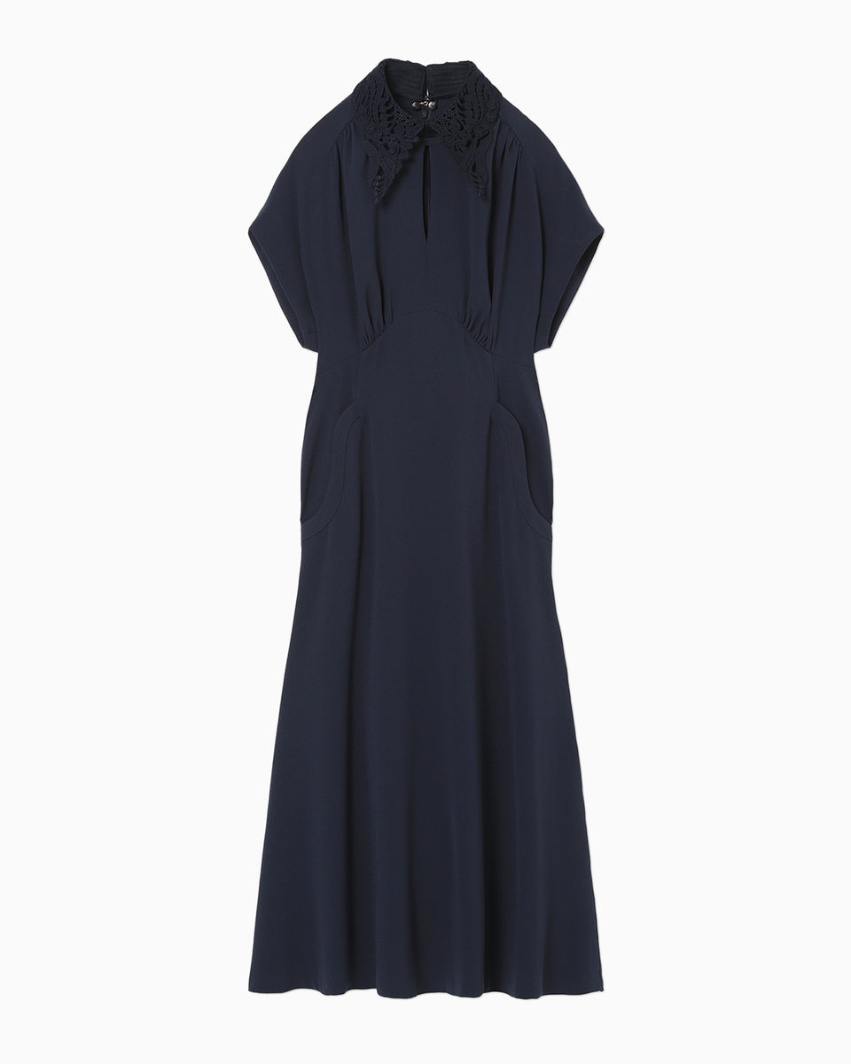 Back Satin Crepe Georgette Embroidered Collar Flared Dress - navy - Mame  Kurogouchi