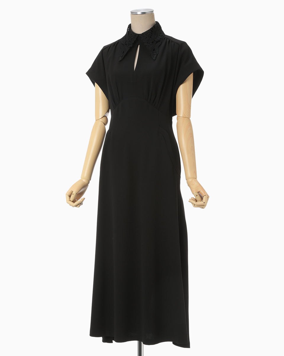 Back Satin Crepe Georgette Embroidered Collar Flared Dress - black × black  - Mame Kurogouchi