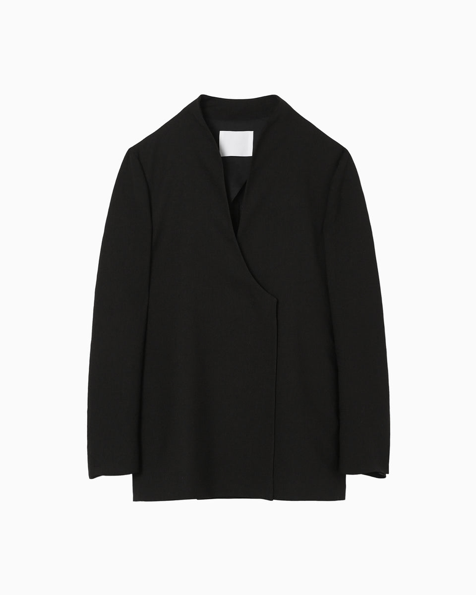 Linen Touch Triacetate Collarless Double Breasted Jacket - black - Mame  Kurogouchi