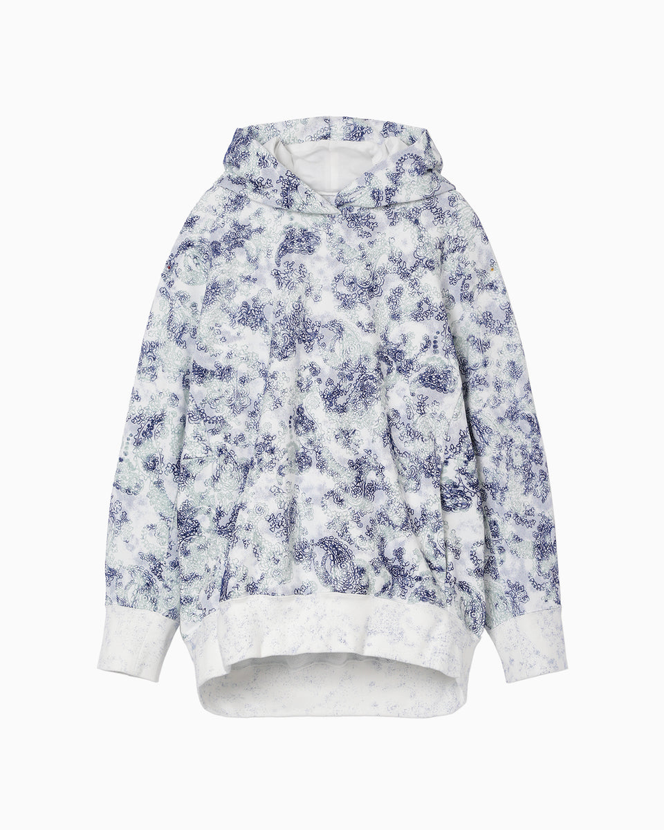 Floral Flock Printed Fleece Lining Hoodie - blue - Mame Kurogouchi