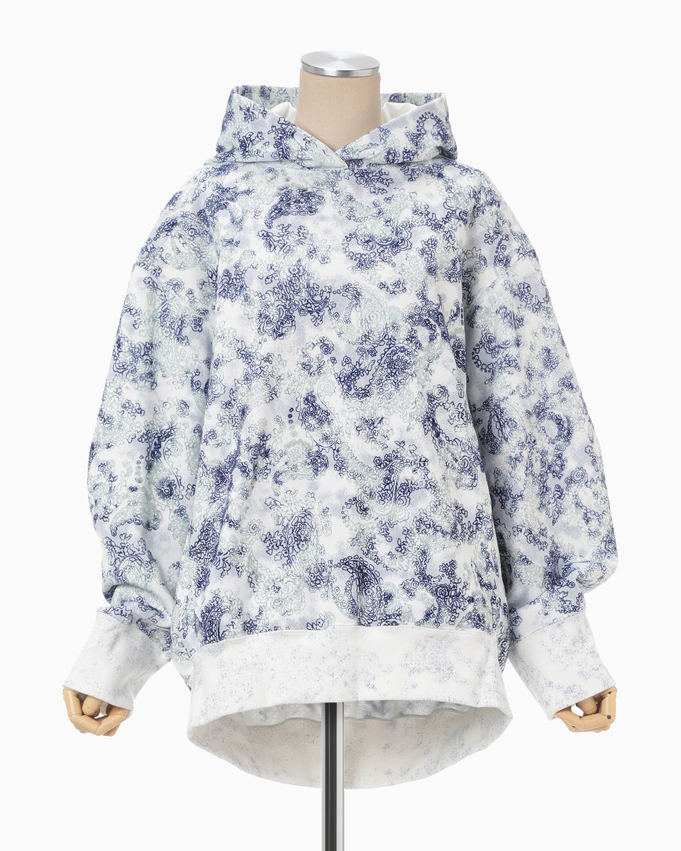 Floral Flock Printed Fleece Lining Hoodie - blue - Mame Kurogouchi