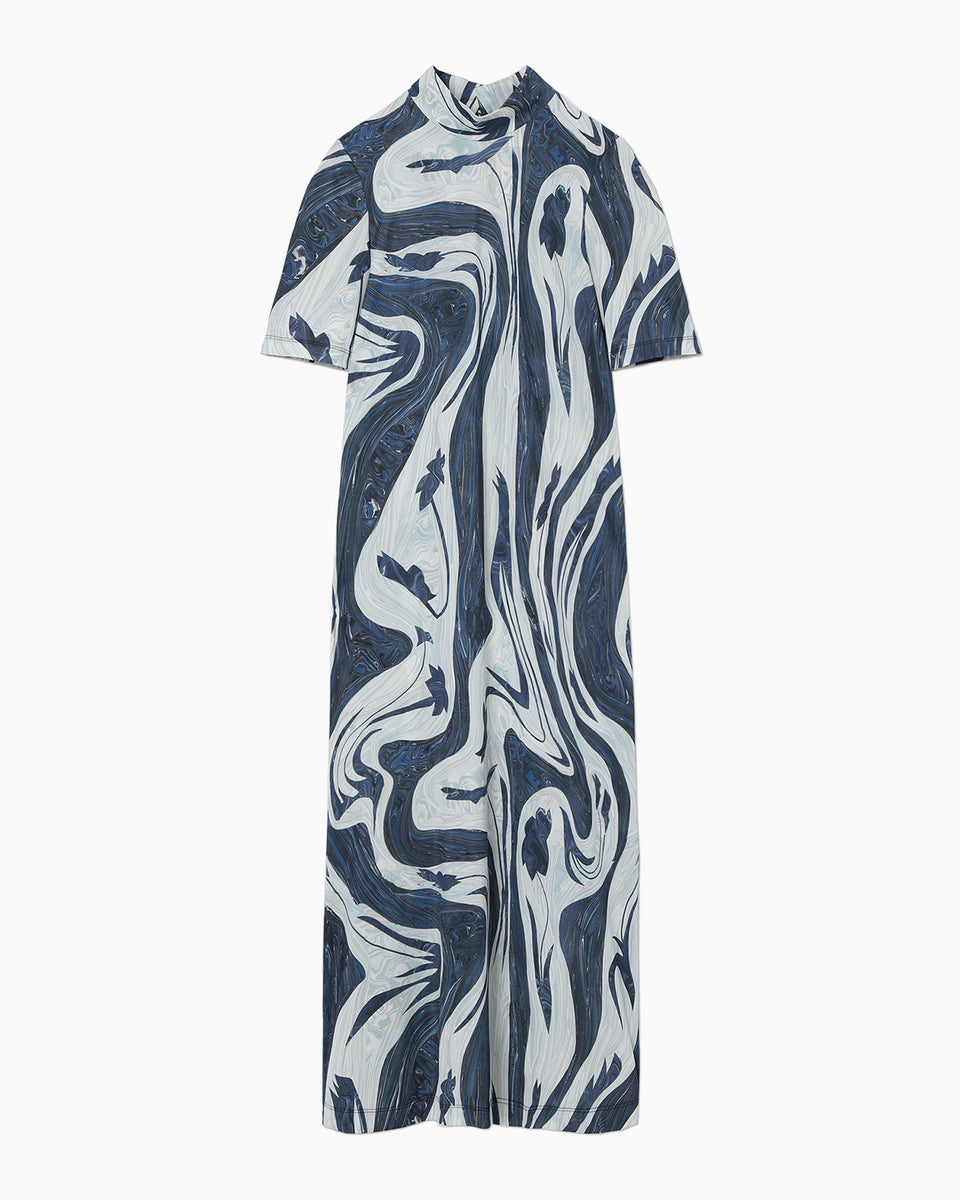 Marble Print Jersey High Neck Dress - blue - Mame Kurogouchi
