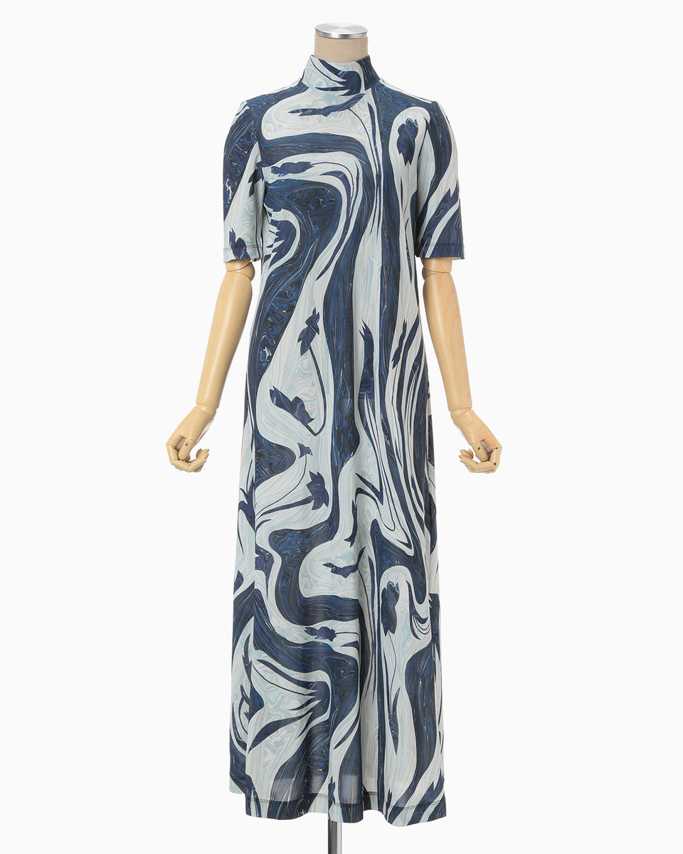 Marble Print Jersey High Neck Dress - blue - Mame Kurogouchi