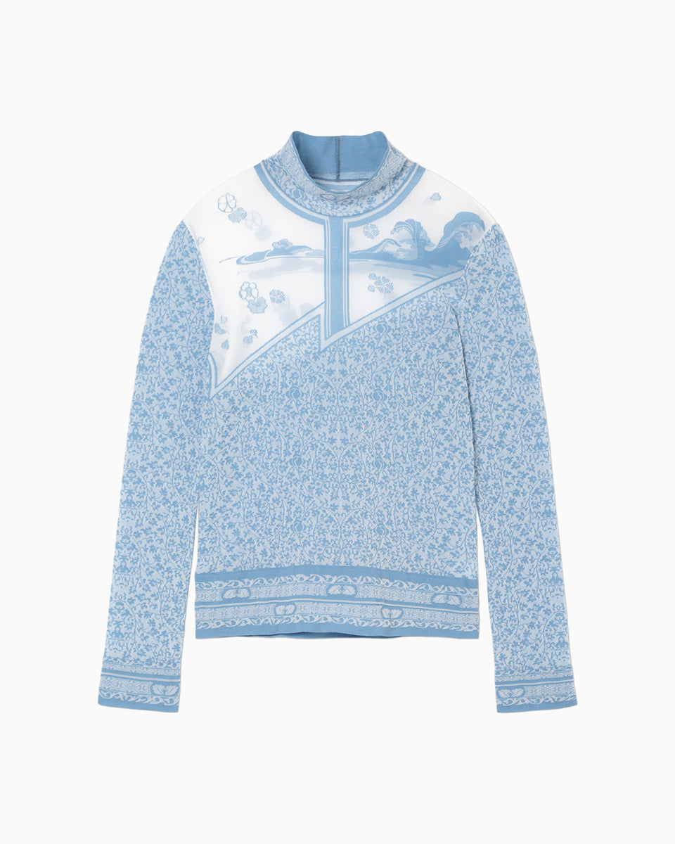 Landscape Graphic Sheer Knitted High Neck Top - blue - Mame Kurogouchi