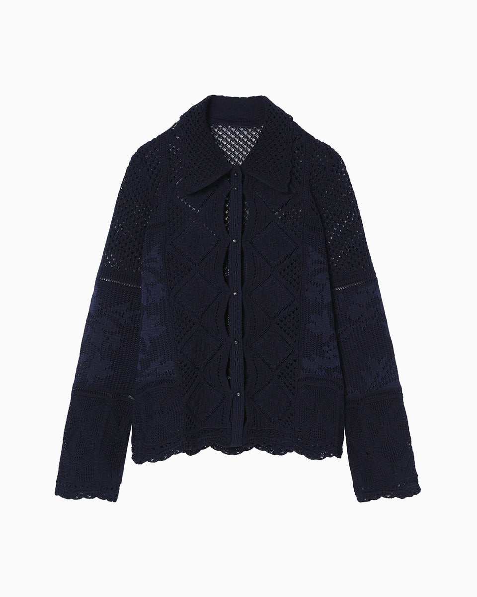 Cotton Lace Knitted Cardigan - navy - Mame Kurogouchi