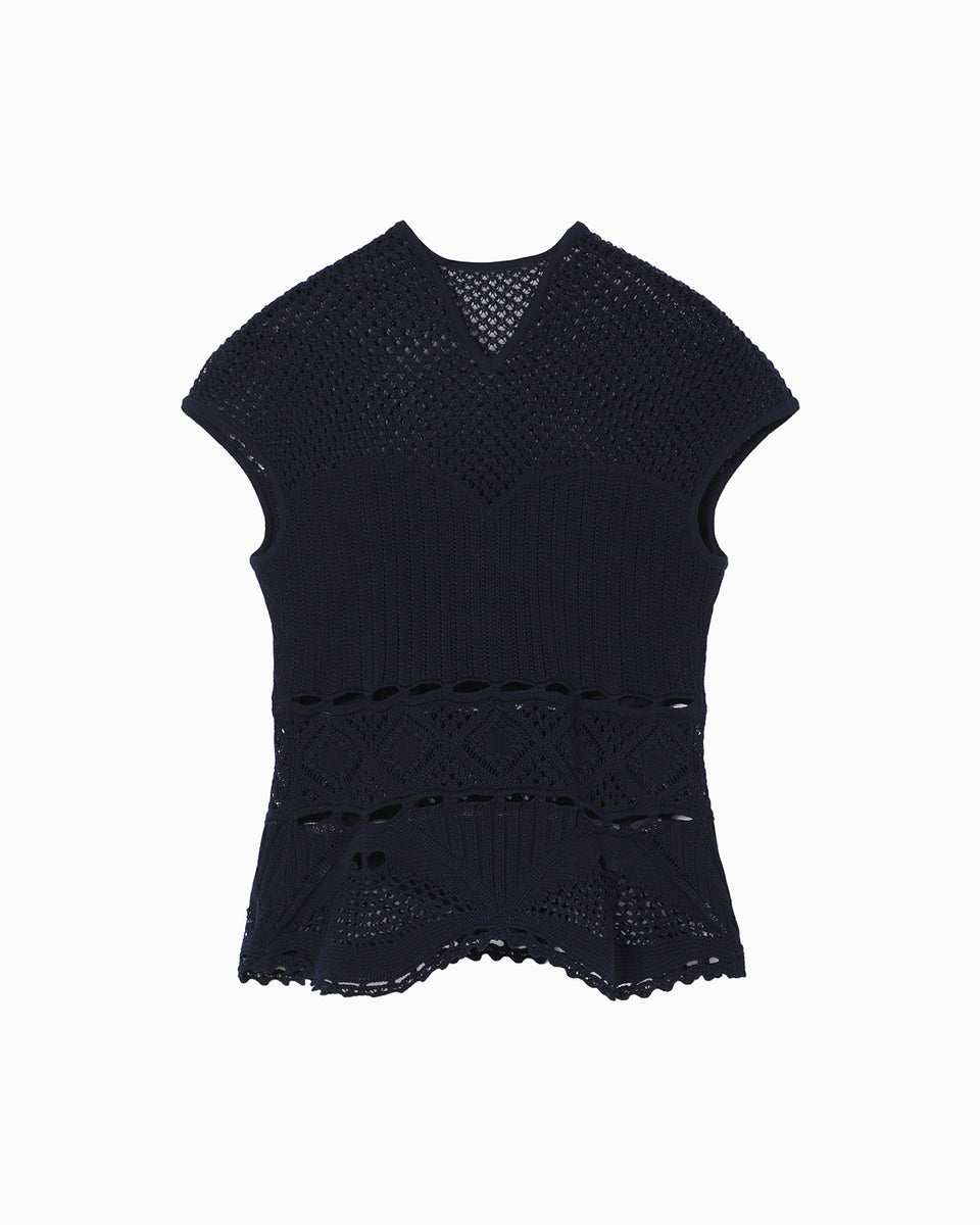Cotton Lace Sleeveless Knitted Top - navy - Mame Kurogouchi