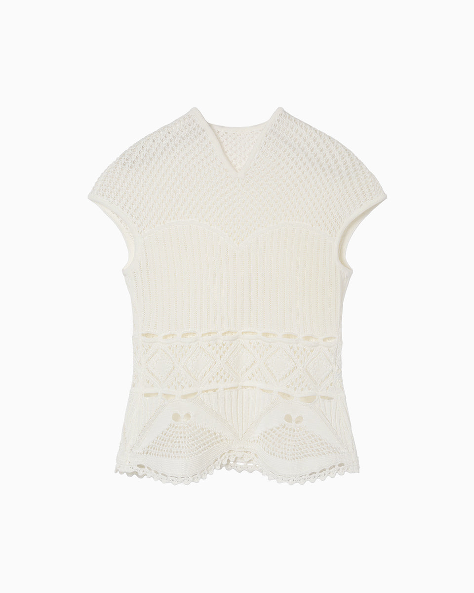Cotton Lace Sleeveless Knitted Top - white - Mame Kurogouchi