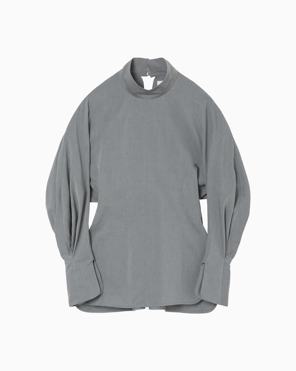 Cotton Chambray High Neck Blouse - grey - Mame Kurogouchi