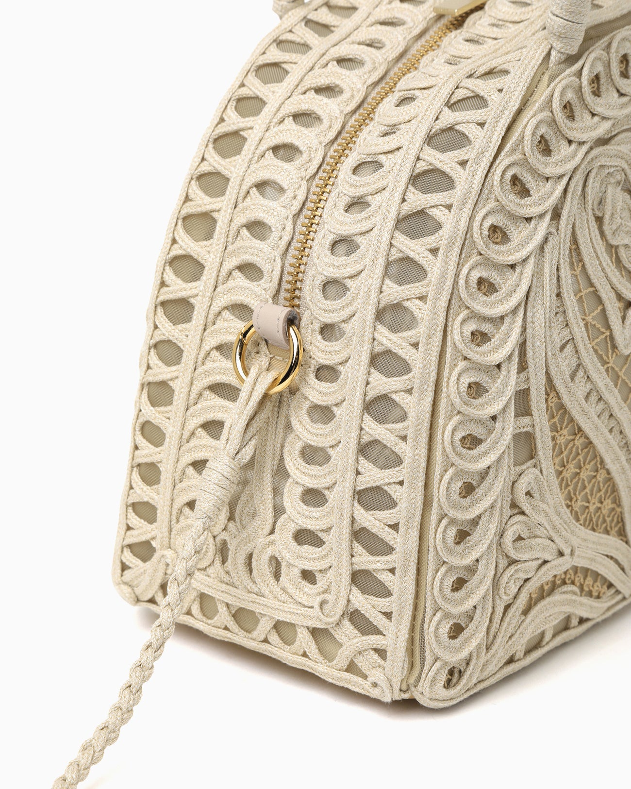 Cording Embroidery Demi Lune Handbag - beige