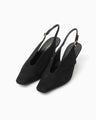 Curved Line Sling Back Suede Heels - black