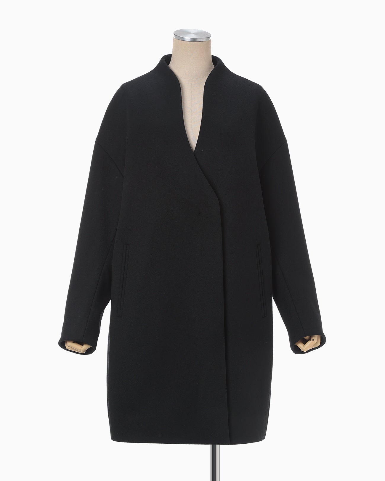 Wool Cashmere Middle Length Collarless Coat - black