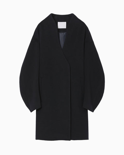 Wool Cashmere Middle Length Collarless Coat - navy