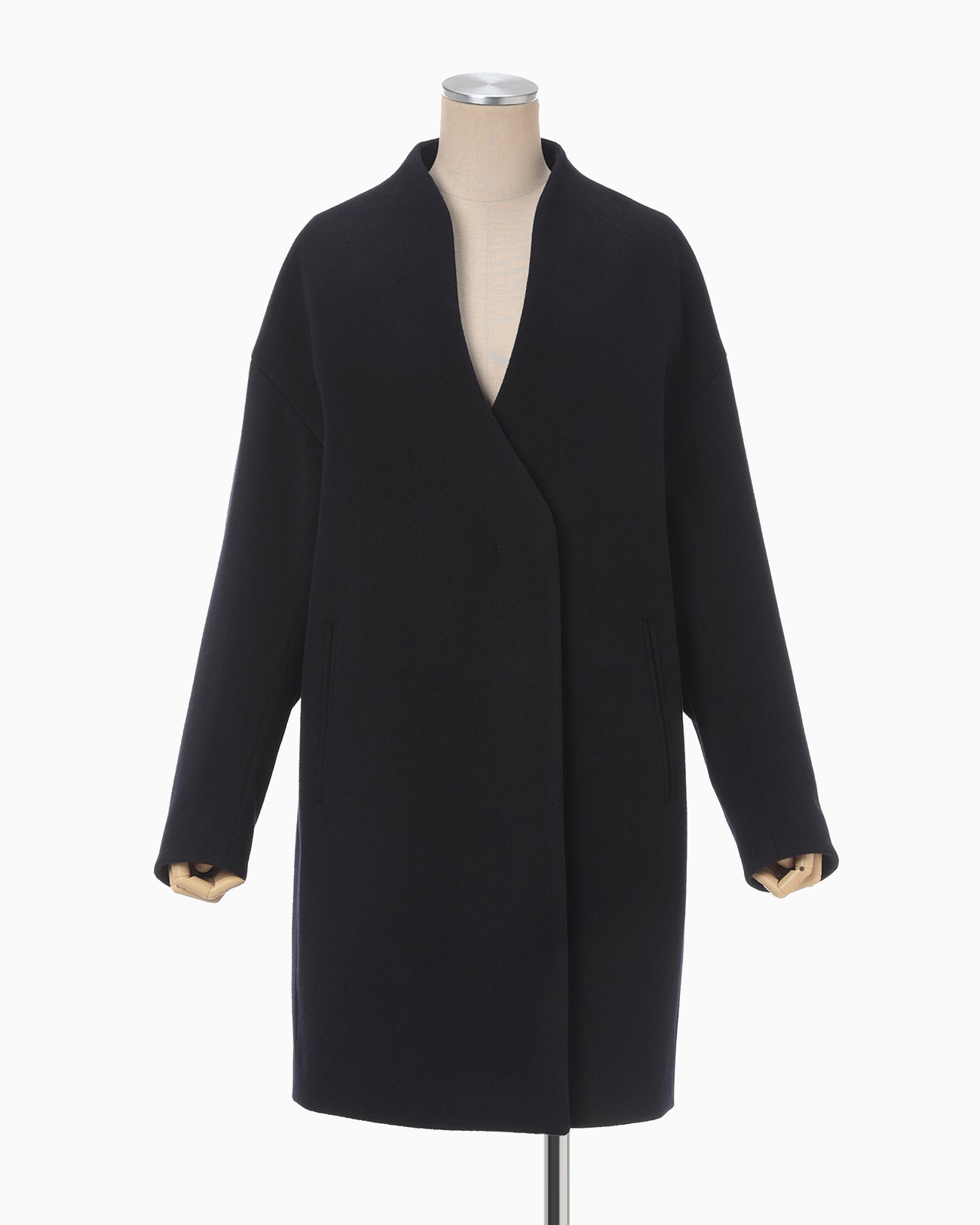 Wool Cashmere Middle Length Collarless Coat - navy