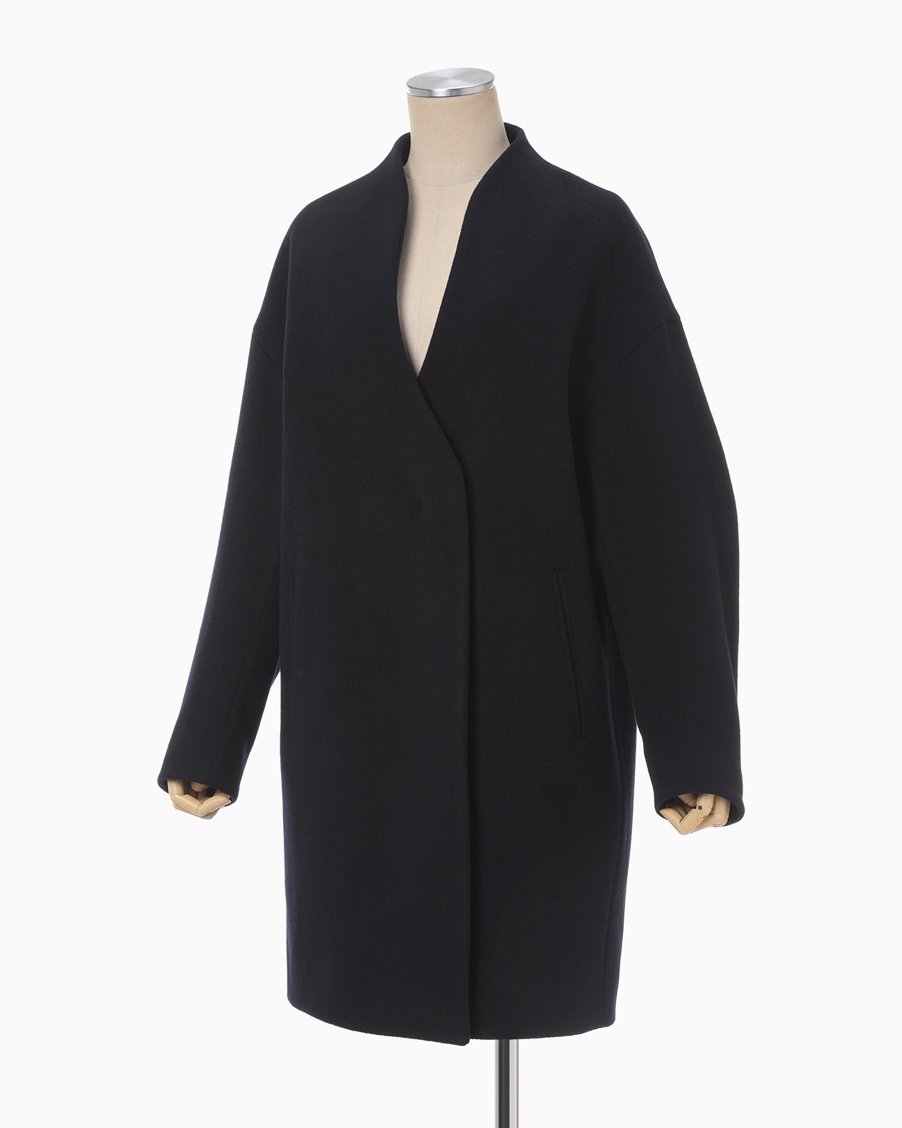 Wool Cashmere Middle Length Collarless Coat - navy