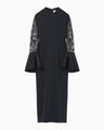 Acetate Polyester Floral Lace-Sleeve Dress - navy