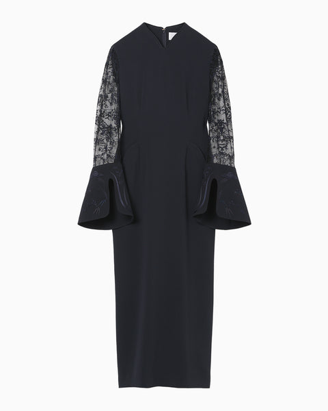 Acetate Polyester Floral Lace-Sleeve Dress - navy