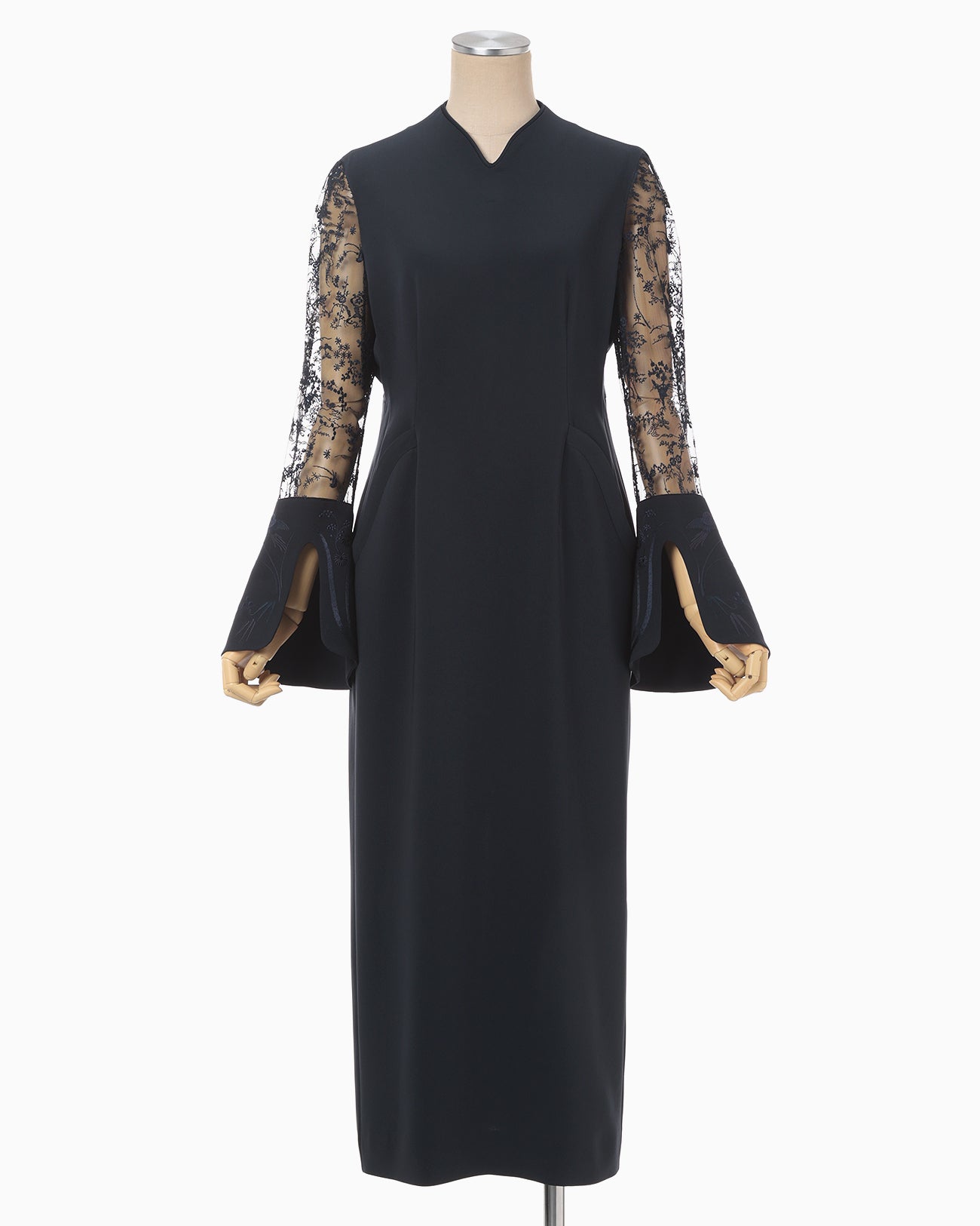 Acetate Polyester Floral Lace-Sleeve Dress - navy