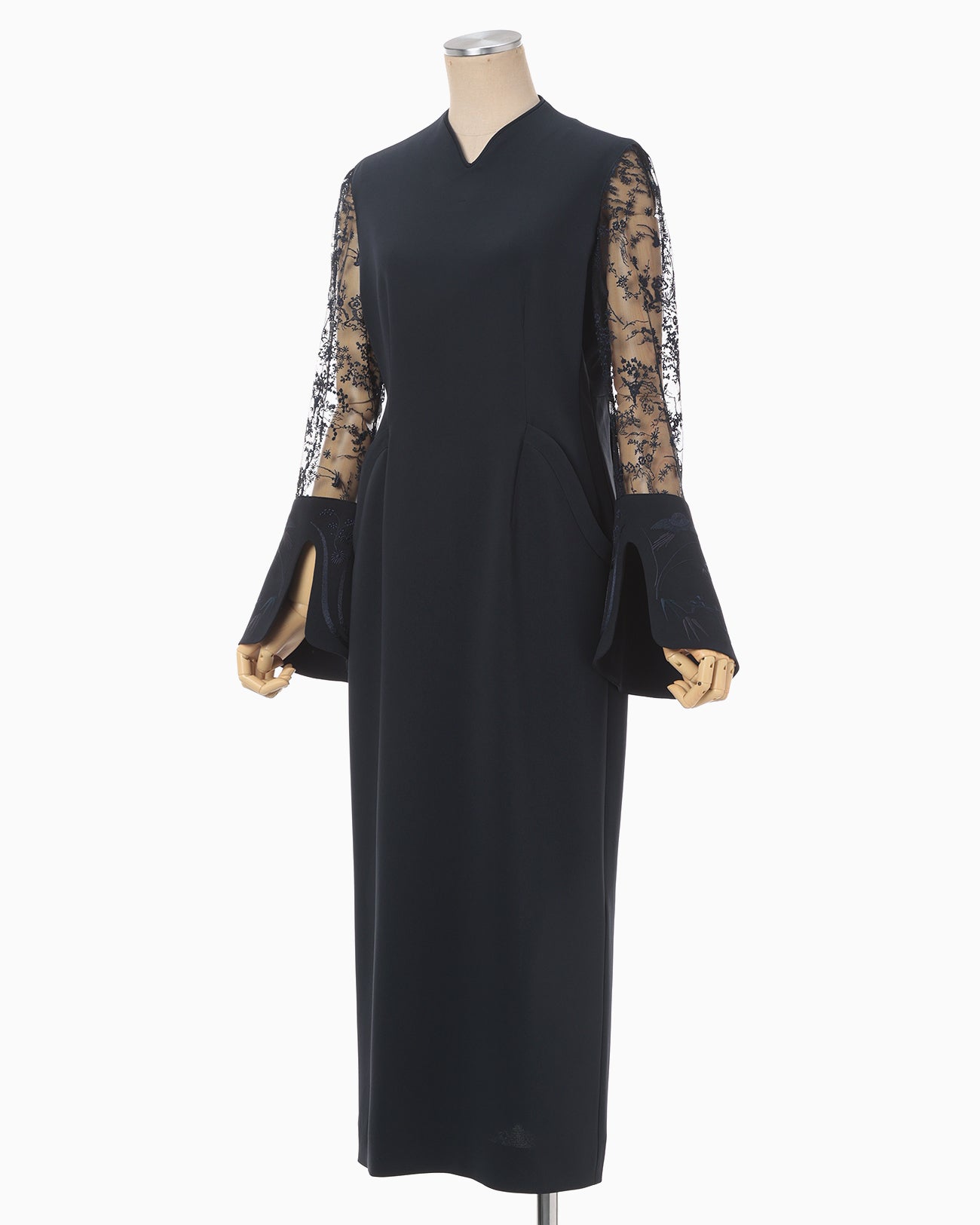 Acetate Polyester Floral Lace-Sleeve Dress - navy