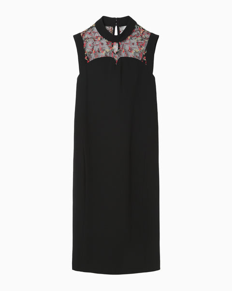 Acetate Polyester Floral Lace-Collar Sleeveless Dress - black