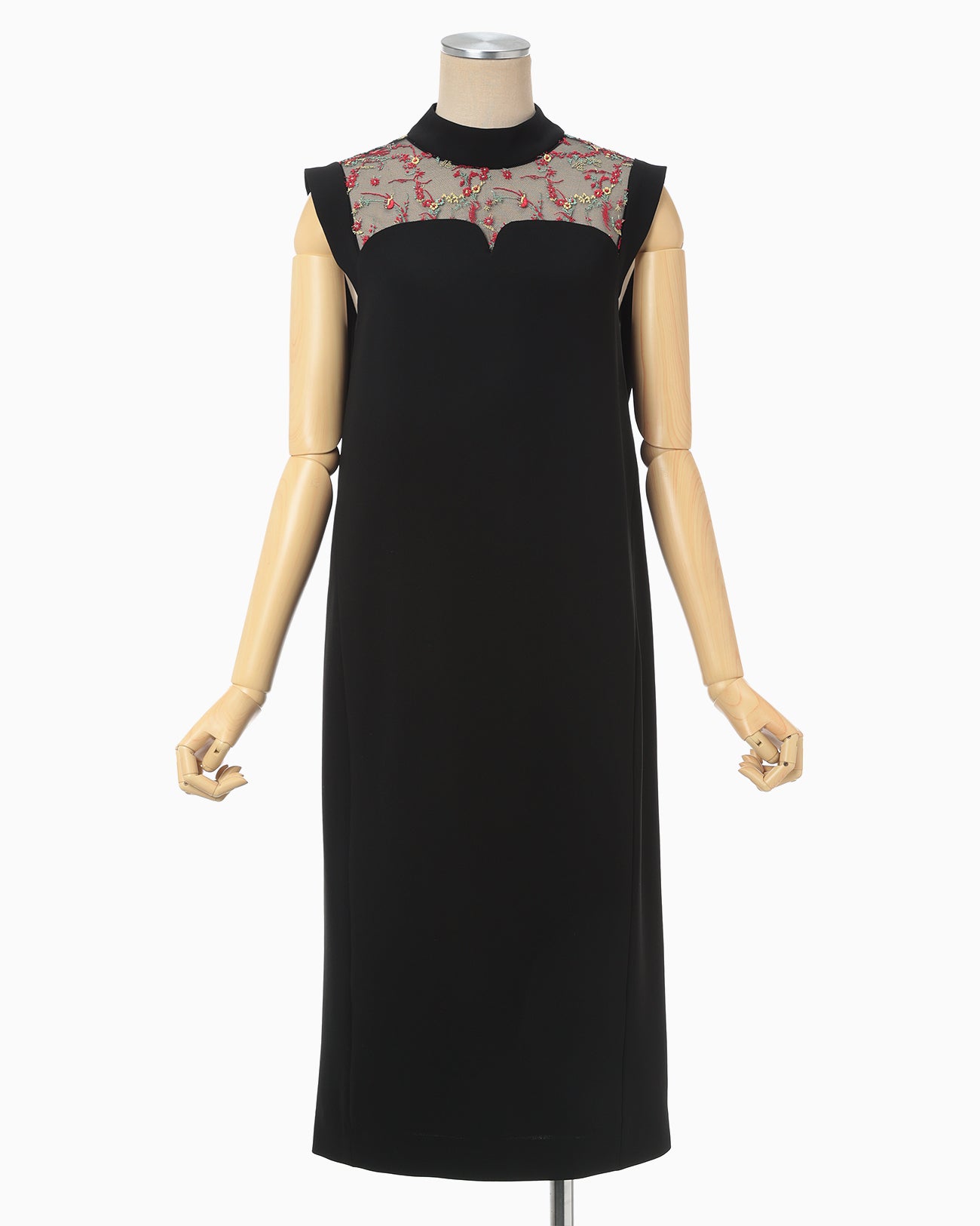 Acetate Polyester Floral Lace-Collar Sleeveless Dress - black