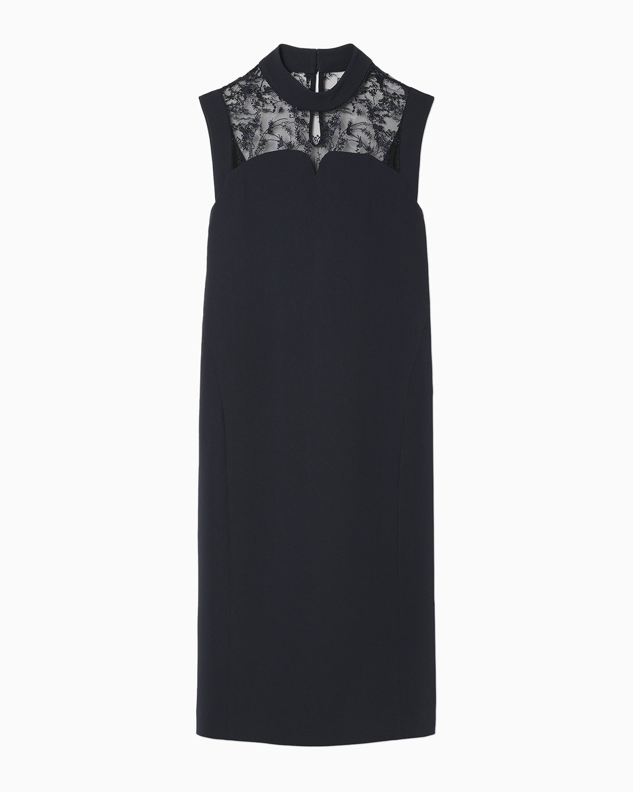 Acetate Polyester Floral Lace-Collar Sleeveless Dress - navy