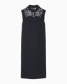 Acetate Polyester Floral Lace-Collar Sleeveless Dress - navy