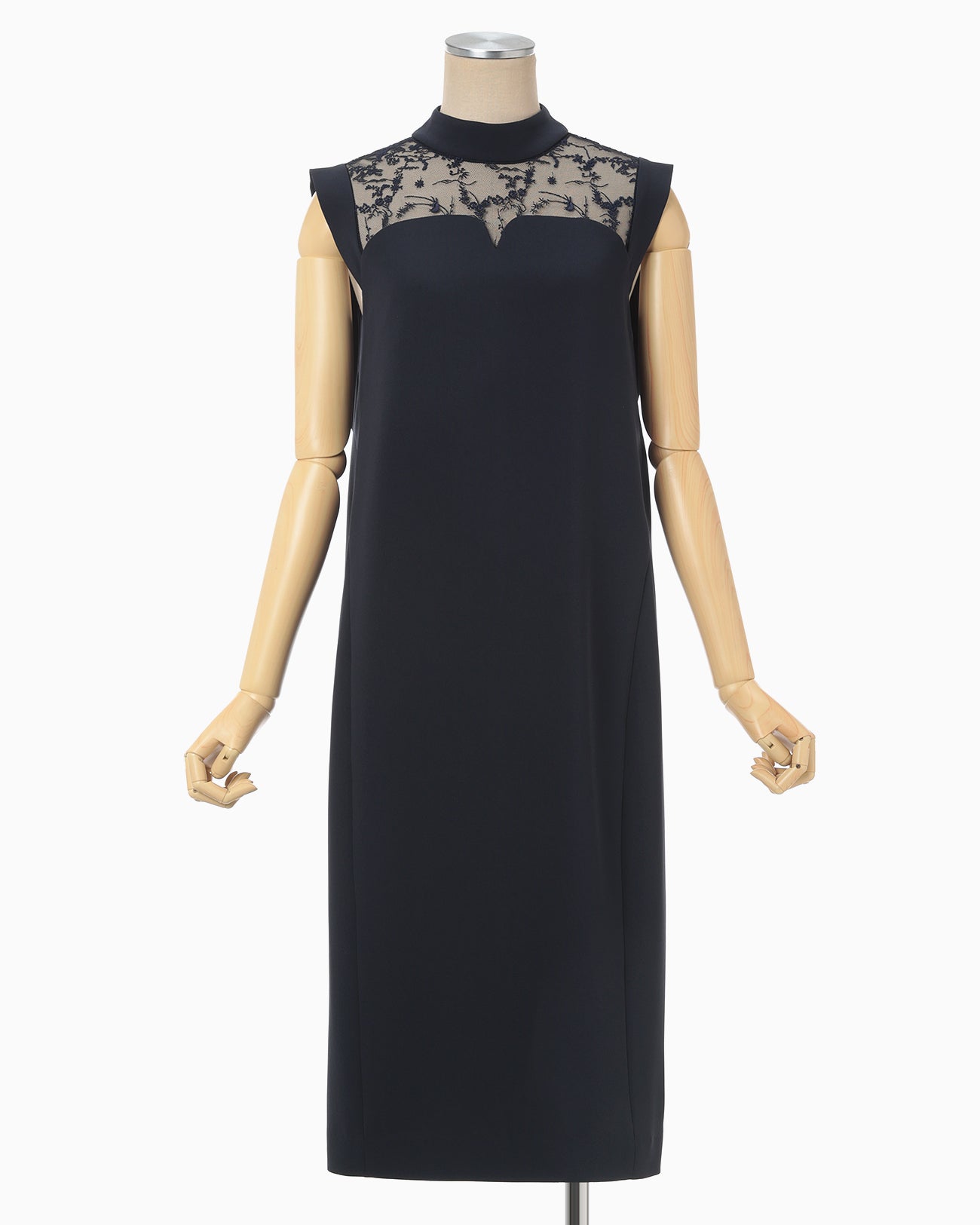 Acetate Polyester Floral Lace-Collar Sleeveless Dress - navy