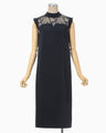 Acetate Polyester Floral Lace-Collar Sleeveless Dress - navy