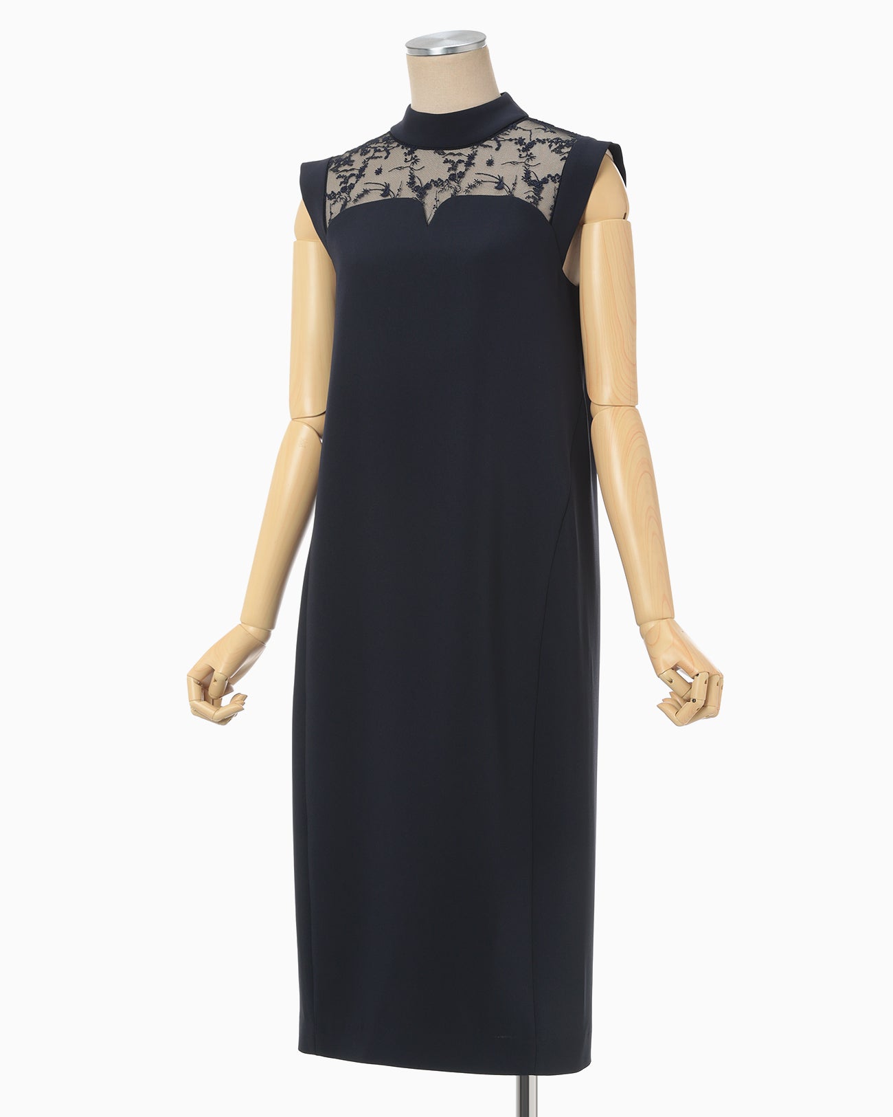 Acetate Polyester Floral Lace-Collar Sleeveless Dress - navy