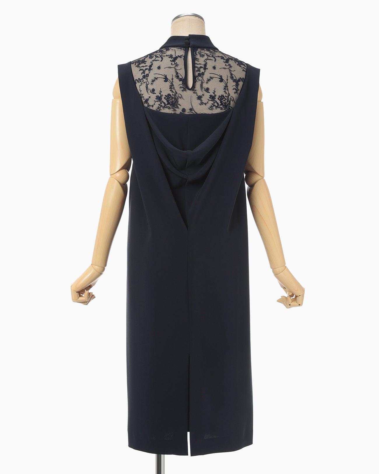 Acetate Polyester Floral Lace-Collar Sleeveless Dress - navy